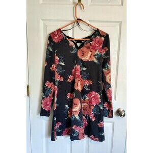 By & By NWT Floral French Terry Swing Dress Junior XL Lace Up Back Long Sleeves